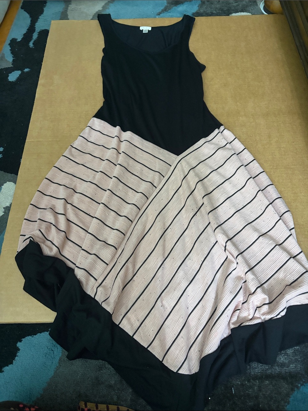 Spense Black Bodice with Pale Pink and Black Striped Asymmetrical Midi Dress